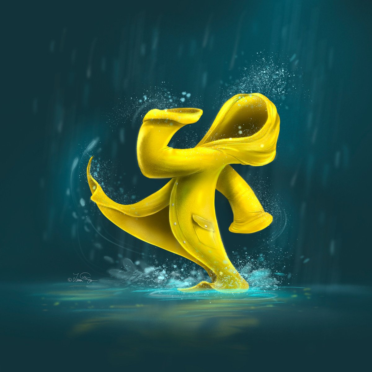 Illustration of a yellow raincoat dancing in the rain